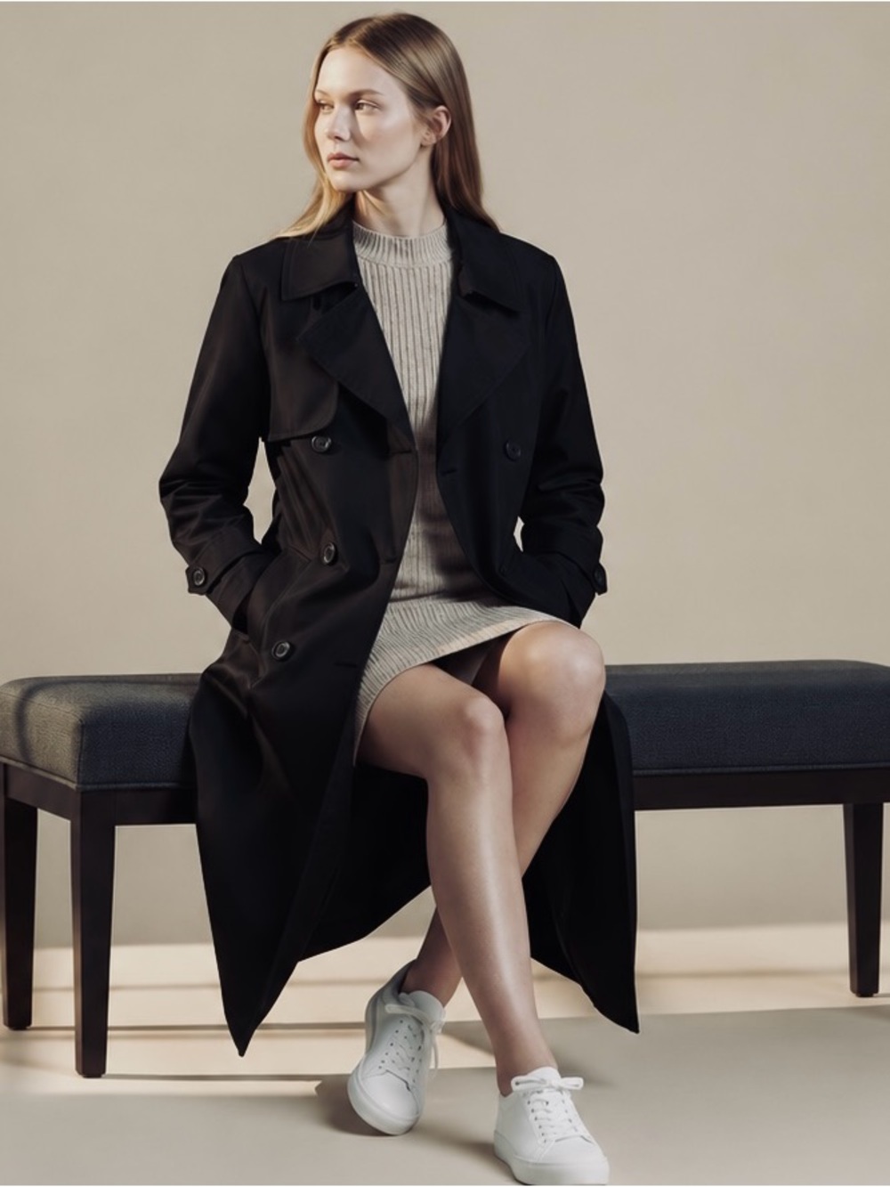 F.S.L. Black Long Trench Raincoat Sz 8P